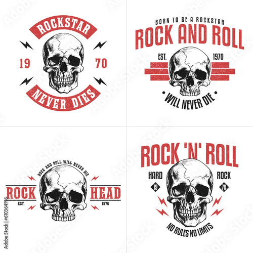 Set of Rock and roll t-shirt design with skull and slogan. Rock music tee shirt graphics with hand-drawn human skull. Vintage apparel print with grunge. Vector illustration.
