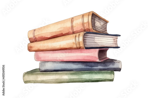 Watercolor of classic vintage stack of books decorating with meadow grass and flower isolated on clear png background, old book, magic spell cast books, with Generative Ai