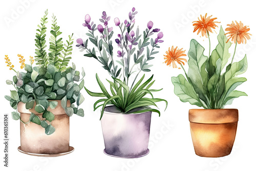 Fototapeta Naklejka Na Ścianę i Meble -  Watercolor of minimal Flowers Houseplant blooming isolated on clear png background, elements natural botanical, leaves, flowers and herbs, set of tree plant collection, with Generative Ai.