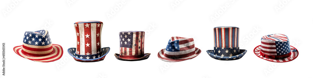 Set of patriotic hats with american US flag colors, 4th of July Independence day celebration, isolated on transparent background, generative AI, png file - obrazy, fototapety, plakaty 
