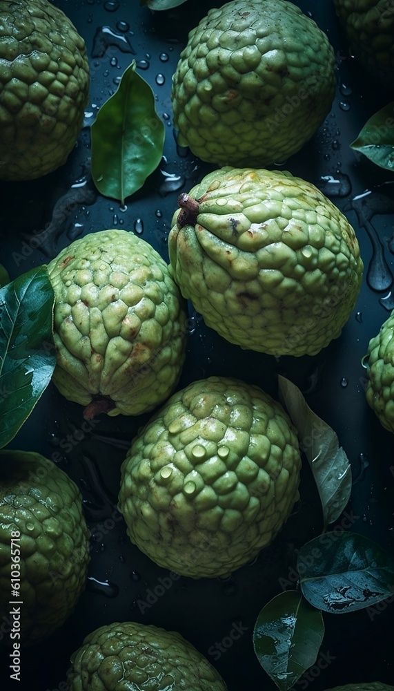 Fresh organic for healthy food and diet cherimoya with water drops