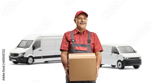 Cheerful mature delivery man in front of transport vans carrying a cardboard box © Ljupco Smokovski