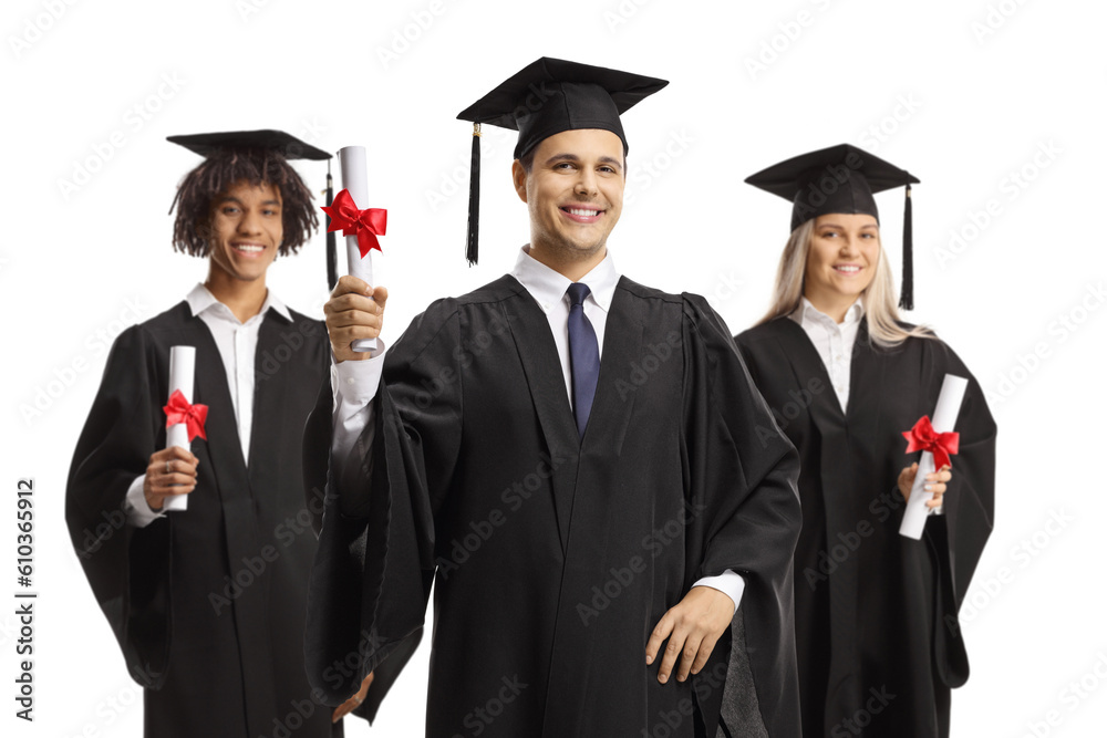 Proud graduate students holding certificates and smiling Proud graduate students holding certificates and smiling