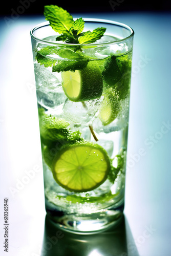 Fresh Mojito cocktail with lime, rosemary, mint and ice in a glass cup on background. Generative AI