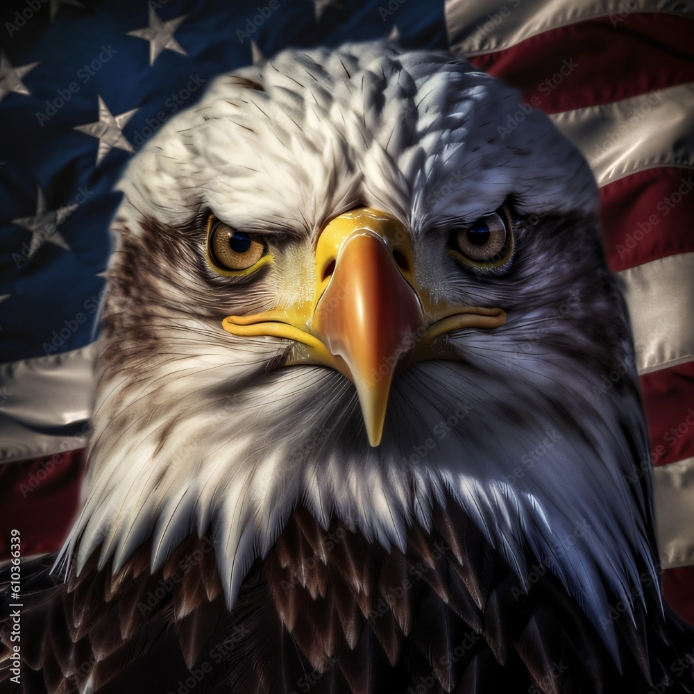 Eagle with american waving flag. Generative ai Eagle with american waving flag. Generative ai
