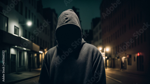 Hooded man standing on the street. Night city street. Generative AI photo