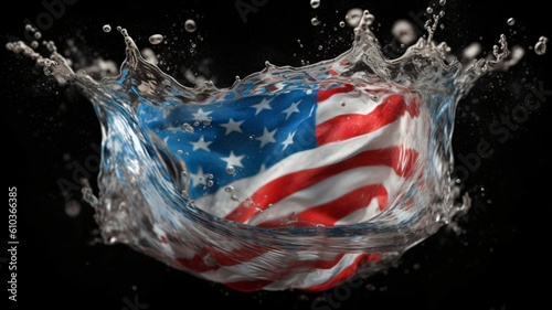 American flag with splash water on black background. Usa flag