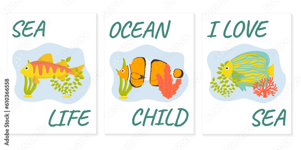 Vector illustration. A collection of postcards on a marine theme with fish.