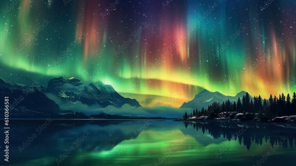 night landscape over lake with northern lights. Generative AI