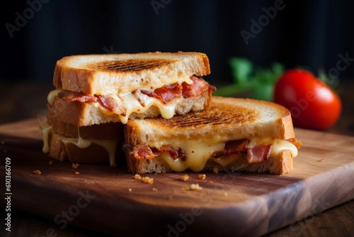 Close up of toasts with melted cheese. Generative AI