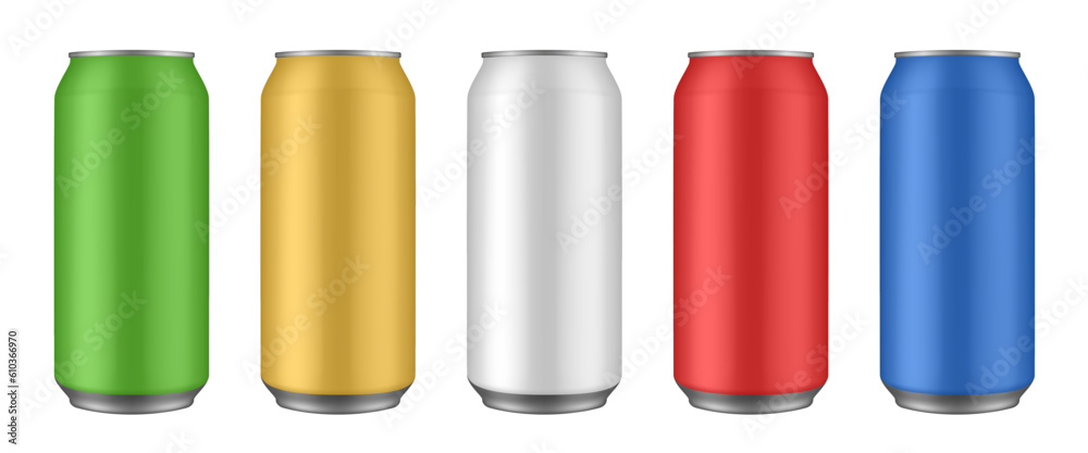 Set of green, yellow, white, red and blue tin cans of beer, energy drink, juice or soda. Cold beverage Set of green, yellow, white, red and blue tin cans of beer, energy drink, juice or soda. Cold beverage