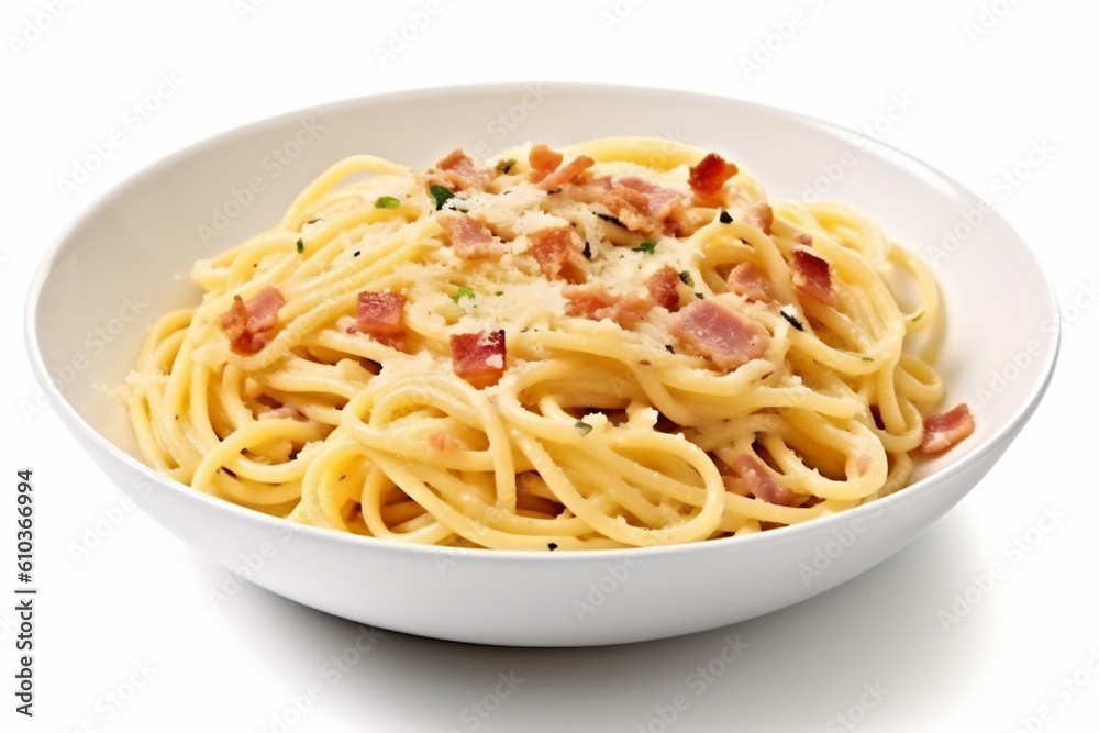 pasta bacon isolated background plate italian spaghetti carbonara lunch food cheese. Generative AI.
