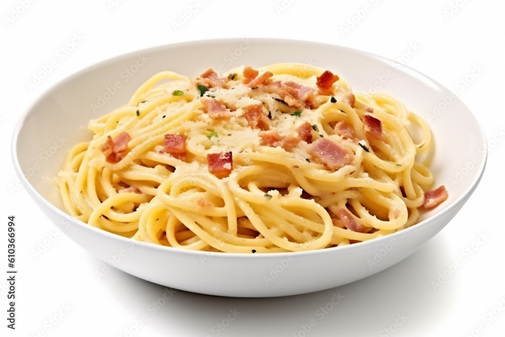 pasta bacon isolated background plate italian spaghetti carbonara lunch food cheese. Generative AI. pasta bacon isolated background plate italian spaghetti carbonara lunch food cheese. Generative AI.