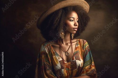Afro-american woman posing in a long dress and hat. Generative AI