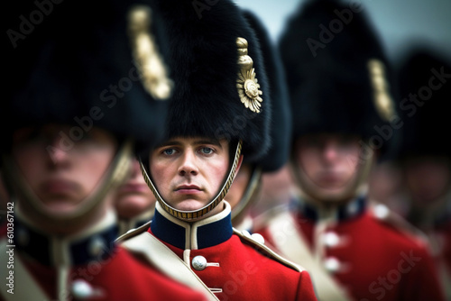 Portrait of a soldier of the British Royal Guard serving. Generative AI photo