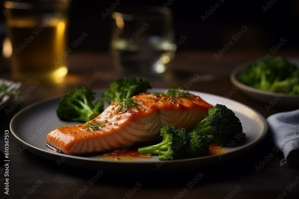 Generative AI - A piece of salmon in the plate with broccoli as side dish Generative AI - A piece of salmon in the plate with broccoli as side dish