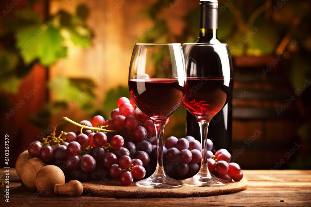 background wine grape beverage winery drink bottle glass table food alcohol. Generative AI.