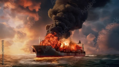 Container ship in the ocean on fire
