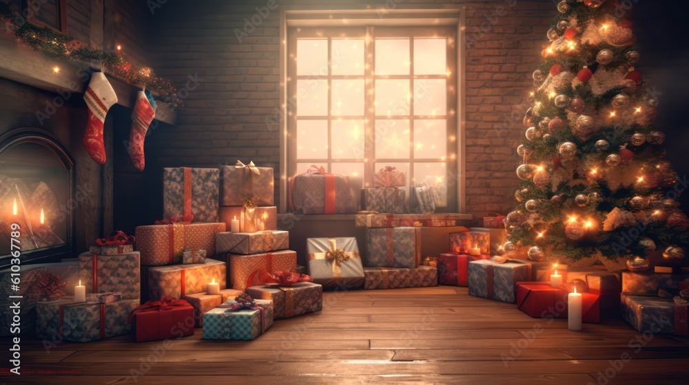 Christmas interior. magical glowing Christmas tree, fireplace and gifts . happy new year card. Generative AI