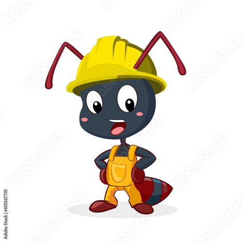 construction worker ant cartoon character wearing laborer overall and safety helmet vector image