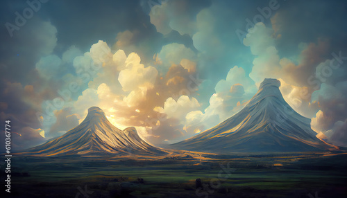 The mountain rises in the valley. Fantasy fictional image. Imitation of oil painting. AI-generated