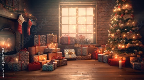 Christmas interior. magical glowing Christmas tree, fireplace and gifts . happy new year card. Generative AI