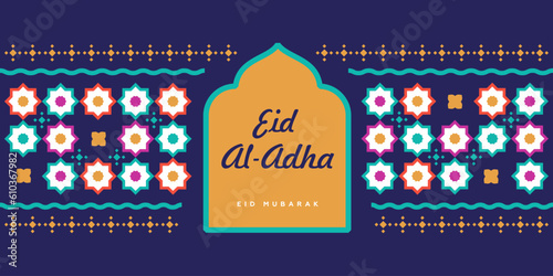 Eid Al Adha festival and Eid Mubarak holiday cover, islamic greeting card, flyer, label, banner template. Modern beautiful design with geometric pattern in turquoise, blue, yellow, pink, red colors