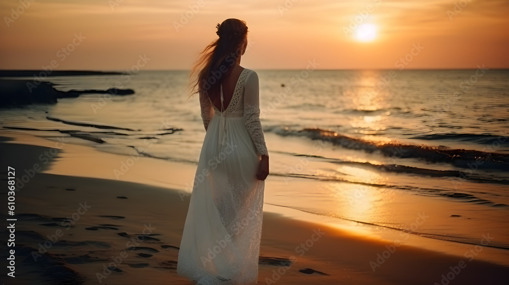 Beautiful woman in white dress walking on the beach at sunset. Back view. Summer holidays wedding bride concept 