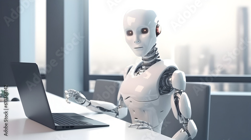 cyborg android Robot working with laptop in office