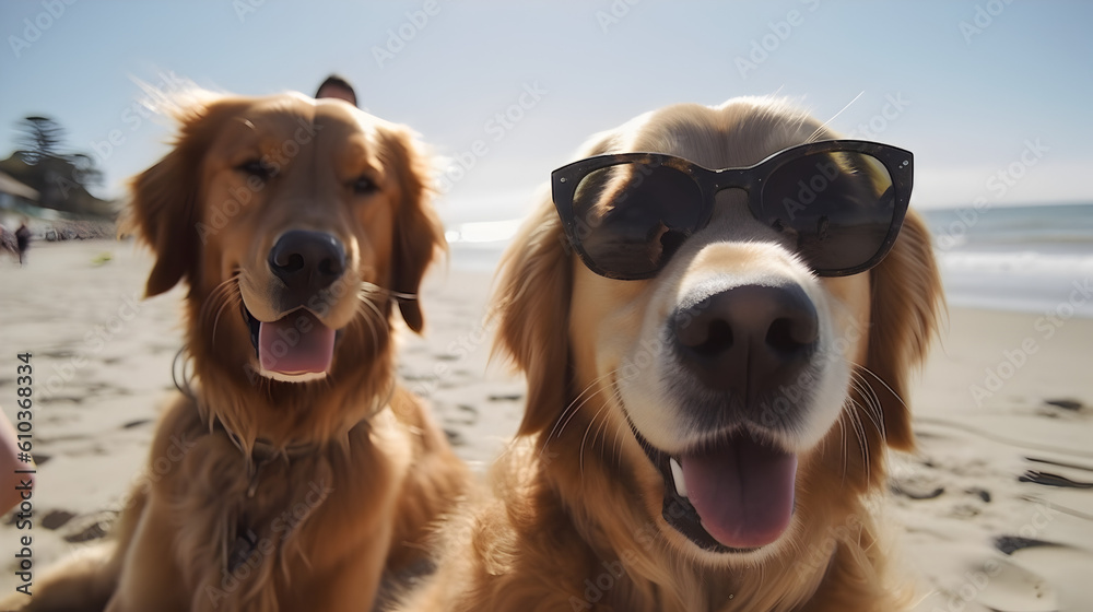 Dogs wearing sunglasses are taking selfies on a beach in the background
