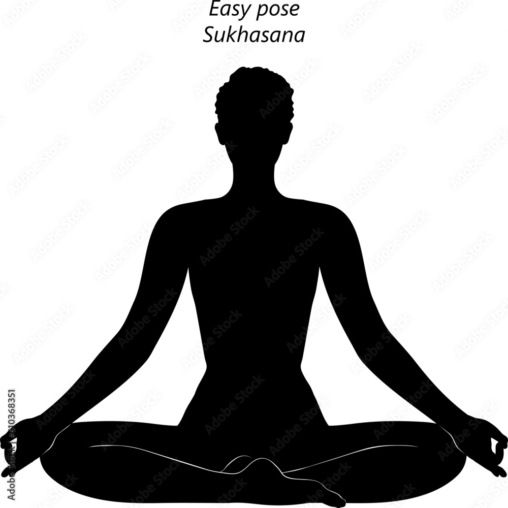 Flat black silhouette of young woman practicing yoga, doing Easy pose. Sukhasana. Seated and Neutral. Beginner. Vector illustration isolated on transparent background. Flat black silhouette of young woman practicing yoga, doing Easy pose. Sukhasana. Seated and Neutral. Beginner. Vector illustration isolated on transparent background.