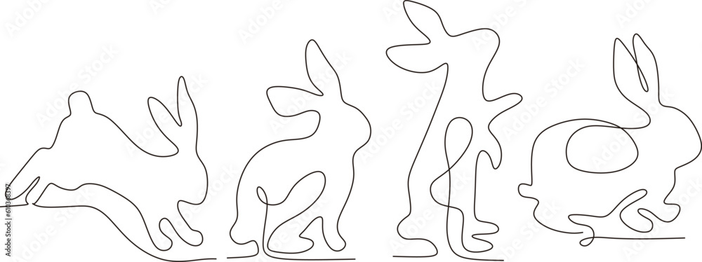 continuous line set of Easter bunnies set in simple one line style. Rabbit icon. Black and white minimal concept vector illustration.