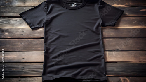 Black T-Shirt on a Rustic Wooden Background