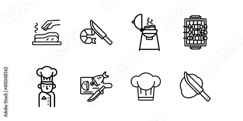 Cooking related line icon set. kitchen utensils linear icons. Cooking recipe outline vector signs and symbols collection. Recipe book, chef hat and cutting board.