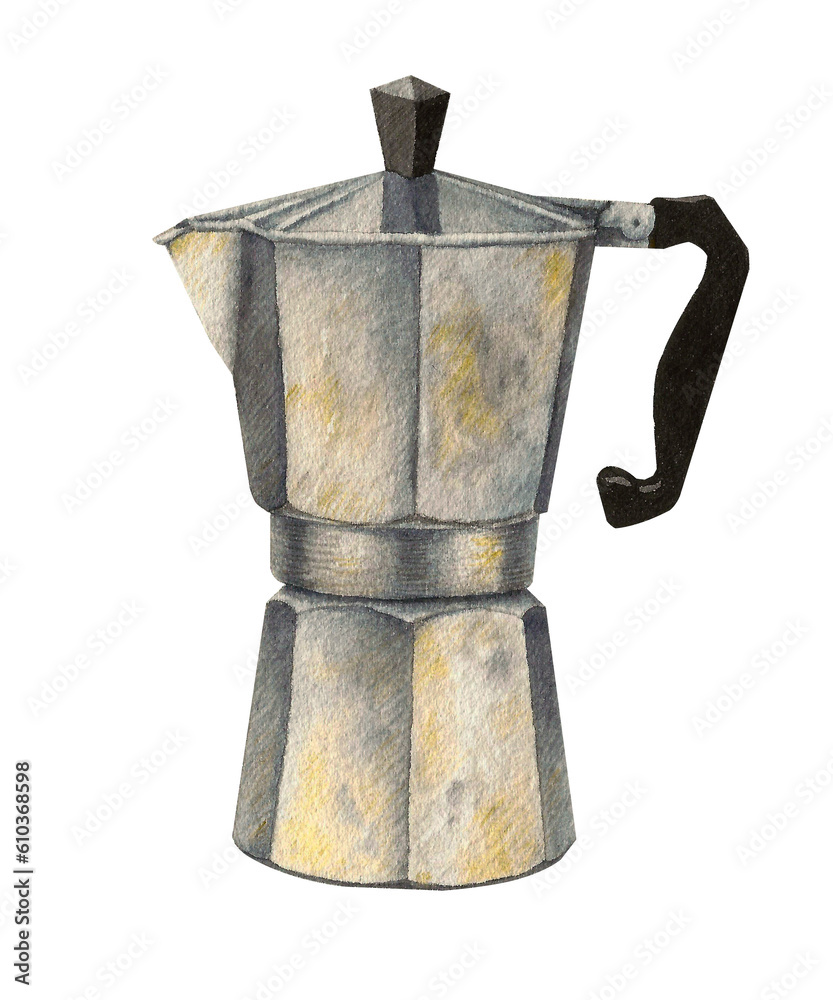 Italian coffee maker. Moka pot, espresso machine. Watercolor illustration. Italian coffee maker. Moka pot, espresso machine. Watercolor illustration.