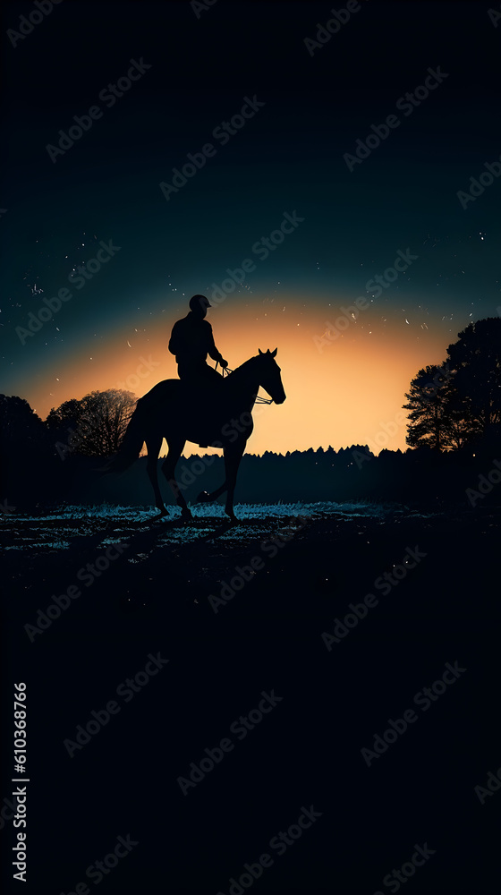 Horse racing at night. Silhouette of thoroughbred and jockey