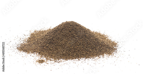 Minced black pepper, ground peppercorn pile isolated on white, side view