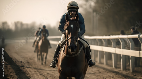 Horse races, jockey and his horse goes towards finish line © StockSavant