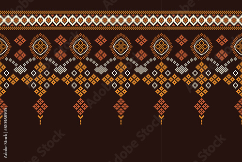 Ethnic geometric fabric pattern Cross Stitch.Ikat embroidery Ethnic oriental Pixel pattern brown background. Abstract,vector,illustration. Texture,clothing,scarf,decoration,motifs,silk wallpaper.