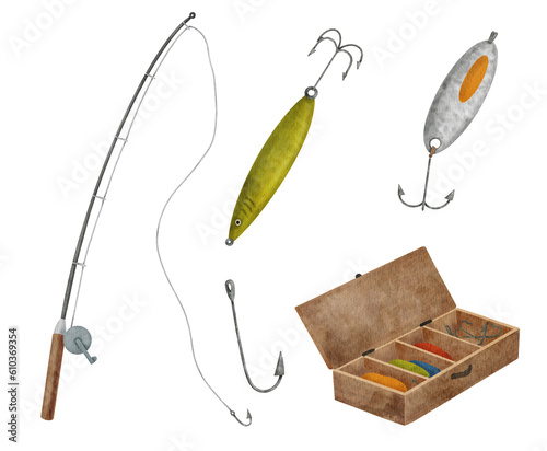 Watercolor fishing equipment set. Hand drawn fishing rod, hook, bait and wooden box with lures isolated on white background. Tackle illustration for hobby concept, fishing goods store