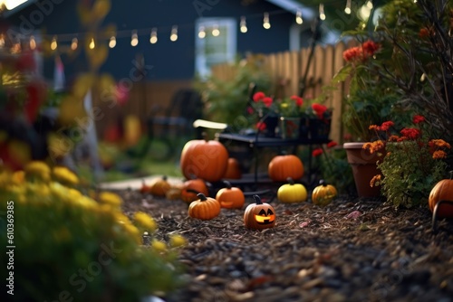 Halloween decoration in house porch and backyard