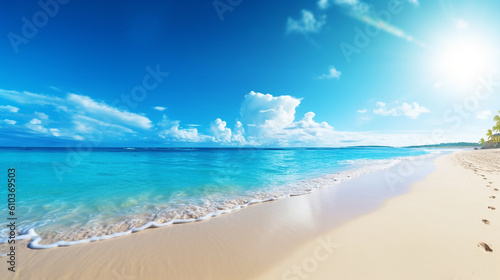 Beautiful beach and tropical sea under the blue sky with white clouds. Beautiful summer seascape. Composition of nature. HDR image. Travel and holiday concept. AI generated.