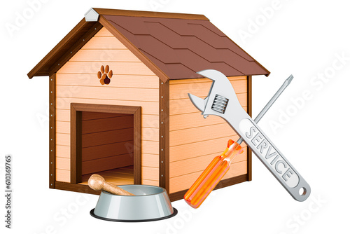 Wooden doghouse with screwdriver and wrench, 3D rendering photo