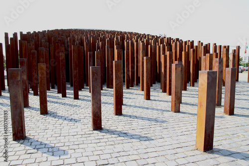 EDITORIAL: Budapest Hungary 2011 - Memorial to the 1956 Revolution closeup empty view only iron brown columns asymmetric