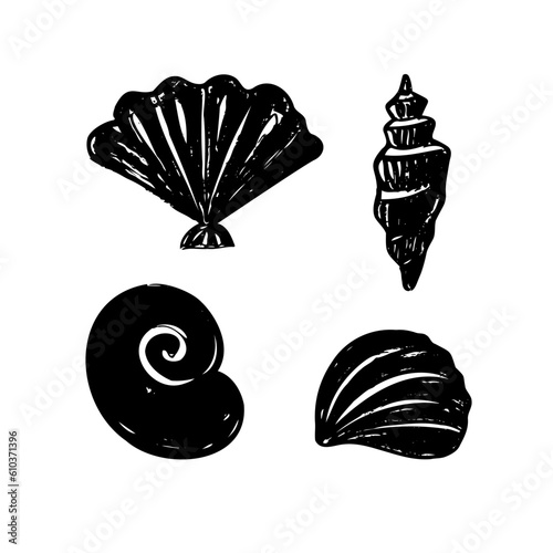 Seashells  sea figures hand drawn  doodle. Set with silhouette shellfish drawn in ink illustration on isolated white background. Design element  grunge style