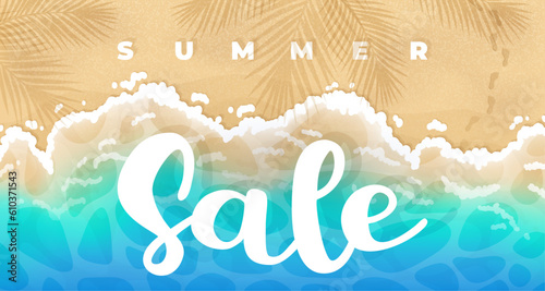 Top view of a cartoon sea, summer beach with calligraphy Summer Sale. Vector illustration for card, party, design, flyer, banner, web, advertising, promotion.