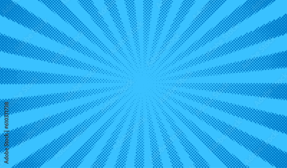 Fototapeta premium Blue comics background. Abstract lines backdrop. Bright sunrays. Design frames for title book. Texture explosive polka. Beams action. Pattern motion flash. Rectangle fast boom. Vector illustration