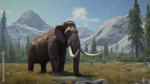 A woolly mammoth trudges over snow covered hills. Behind them, mountains with snow covered peaks rise above dark green forests of fir trees.