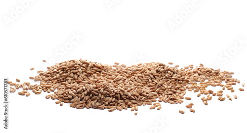 Pile organic peeled spelt grains isolated on white, side view