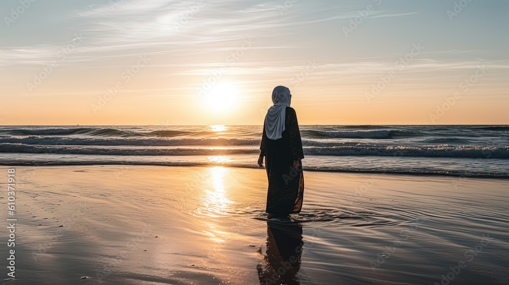 Muslim woman walking on the beach at sunset. Generative AI Muslim woman walking on the beach at sunset. Generative AI